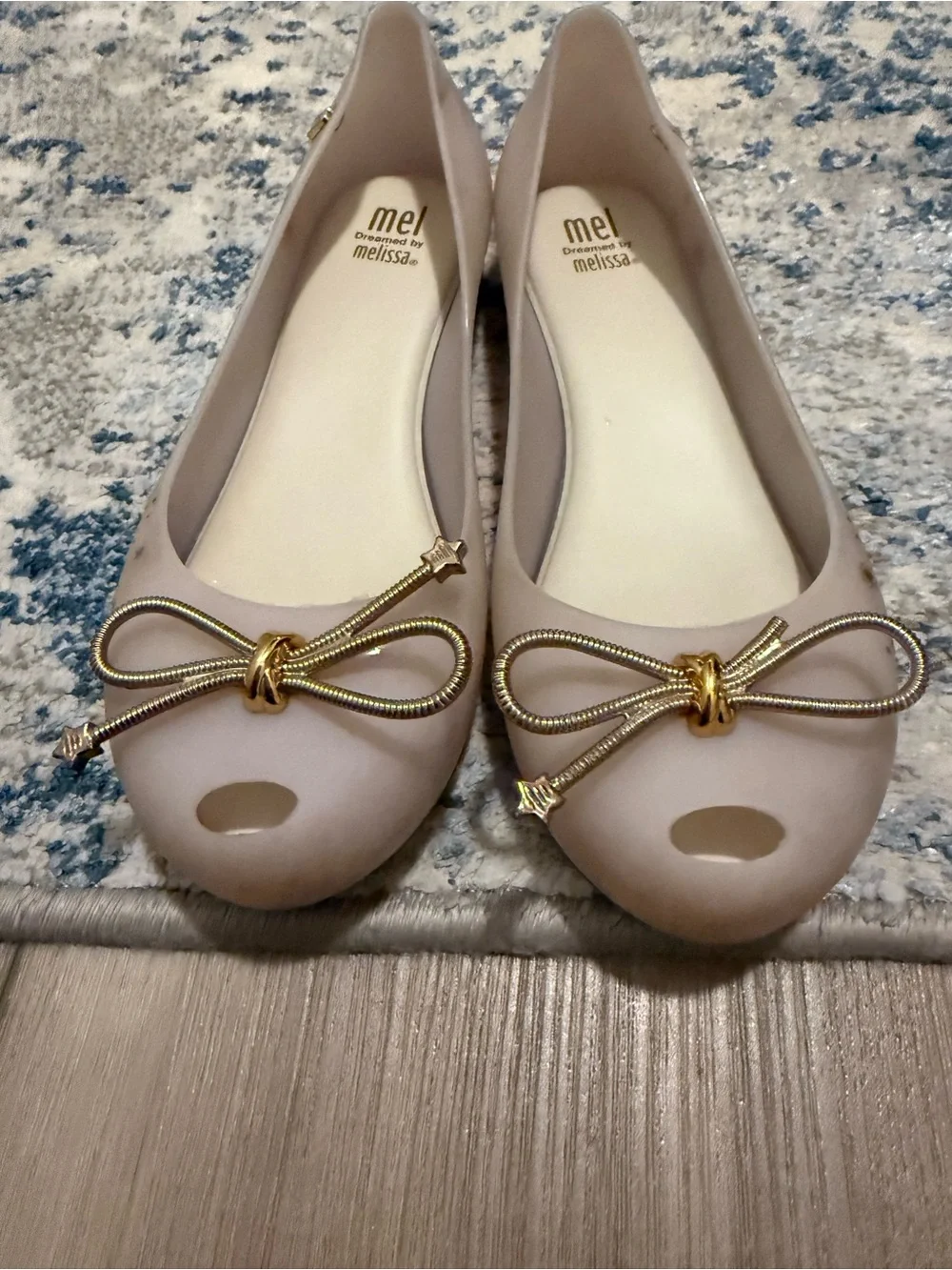 Melissa Girls Matte Beige Ballet Flats with Gold Bow Accents